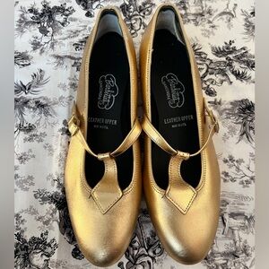 Gold Leather Mary Jane Flats - Elegant Metallic Comfort dance shoes
